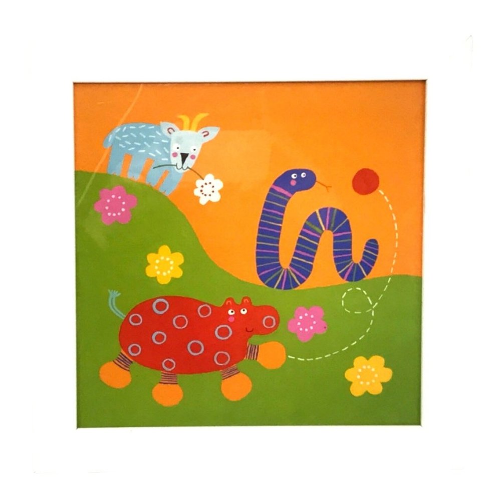 Vintage Framed Art Print 1999 IKEA Fantasi Barnslig 12 x 12 Hippo Worm Goat